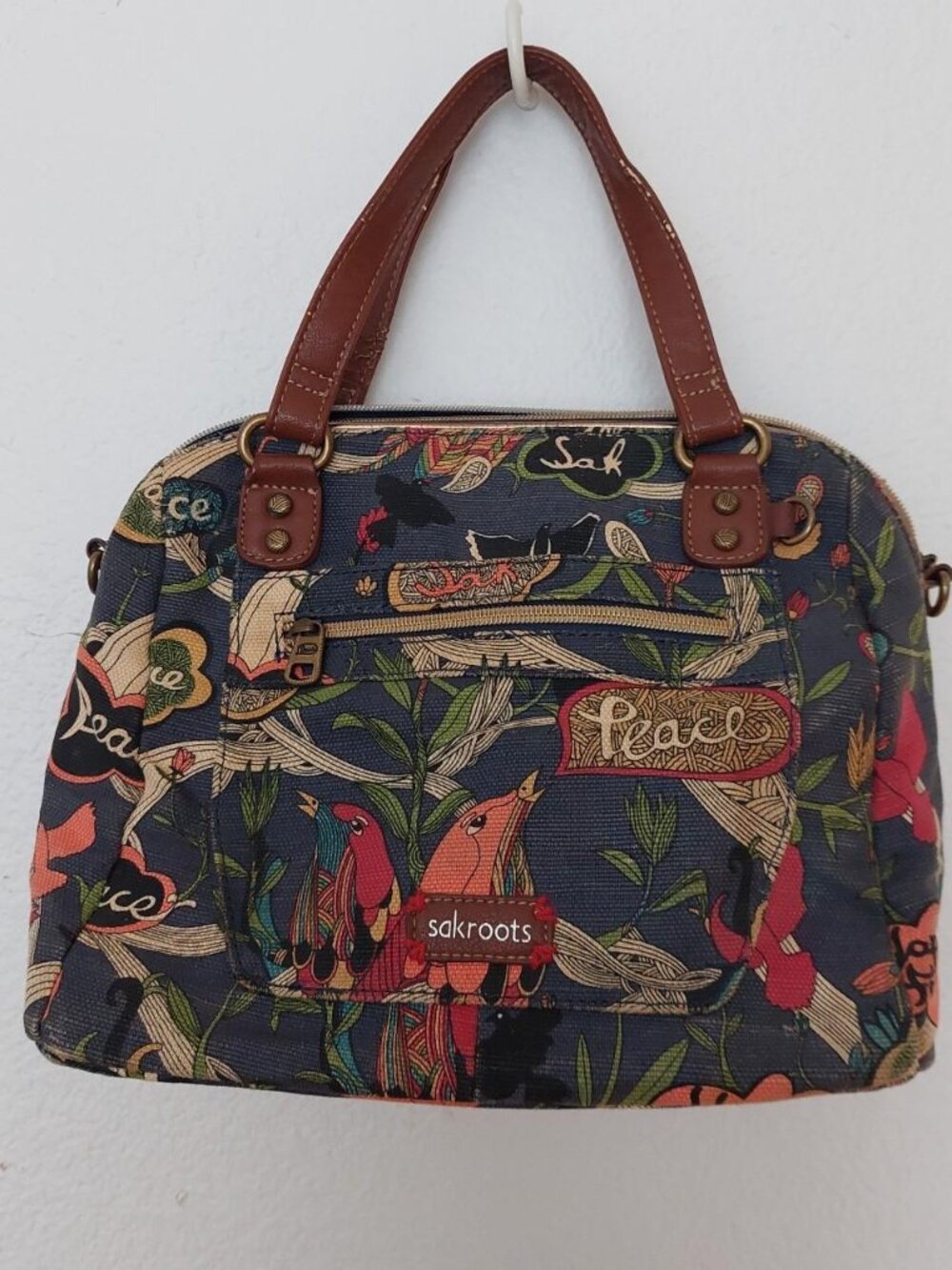 Sakroots multicoloured canvas bag with brown straps #boho #canvasbag peace bird